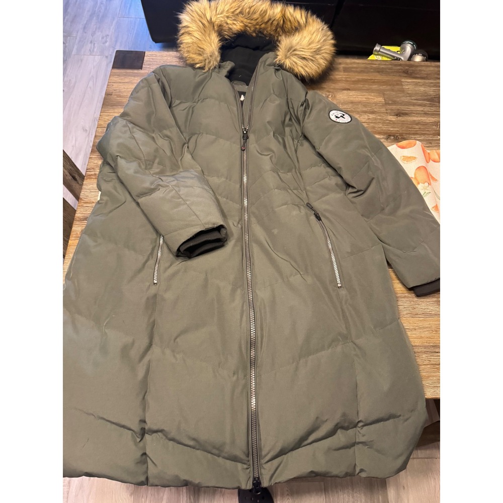 Arctic Expedition Womens 1X Olive Green Long Puffer Parka Faux Fur Hood